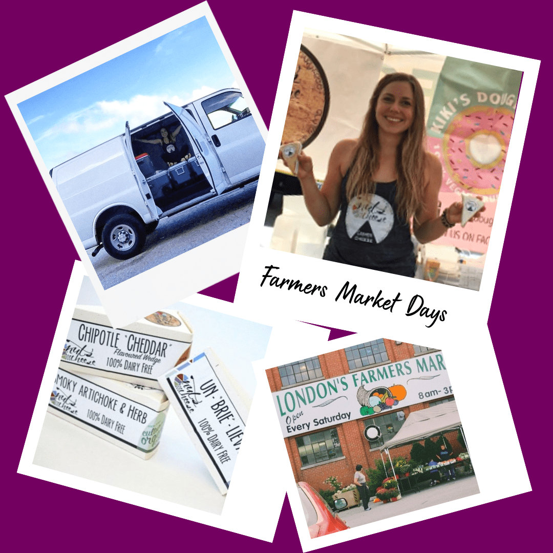 Collage de photos de style polaroid montrant les premiers jours de Nuts For Cheese au London Farmer's Market et le premier emballage des morceaux de fromage sans produits laitiers.