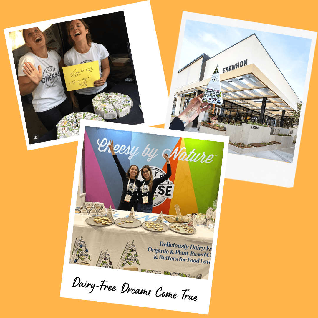 Collage de photos de style polaroid montrant l'équipe de Nuts For Cheese lors de salons professionnels et un morceau de fromage sans produits laitiers devant un magasin d'Erewhon.