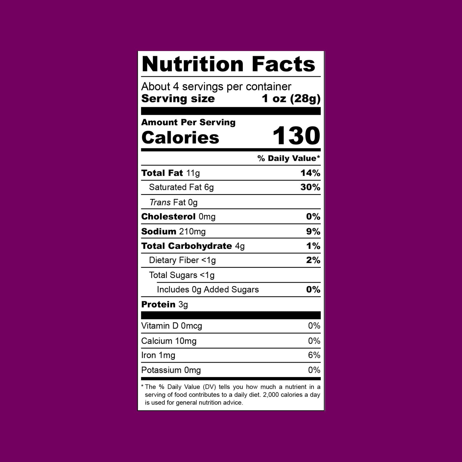 Brie Cashew Vegan Cheese Nutrition Facts Purple Background (en anglais)