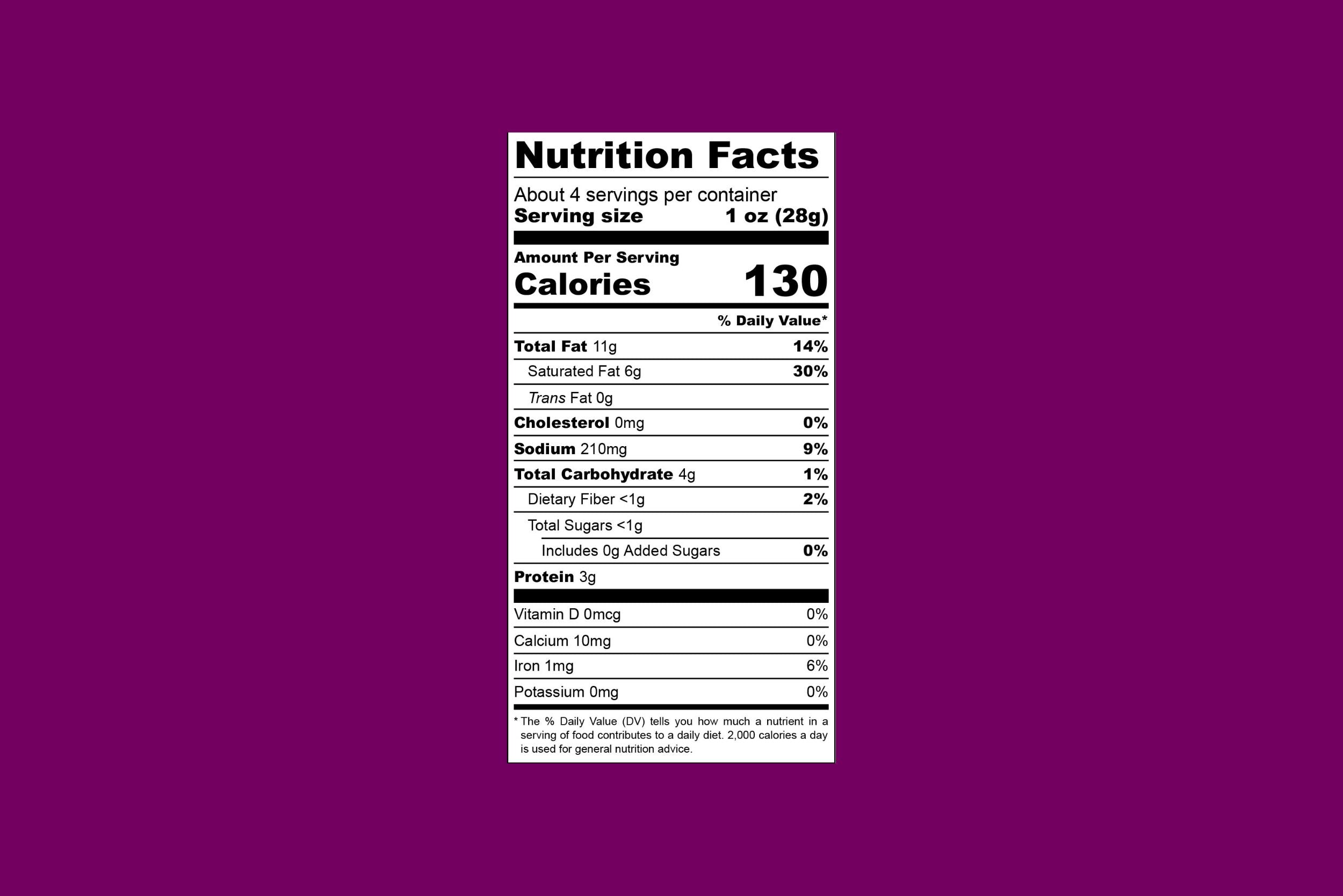 Brie Cashew Vegan Cheese Nutrition Facts Purple Background (en anglais)