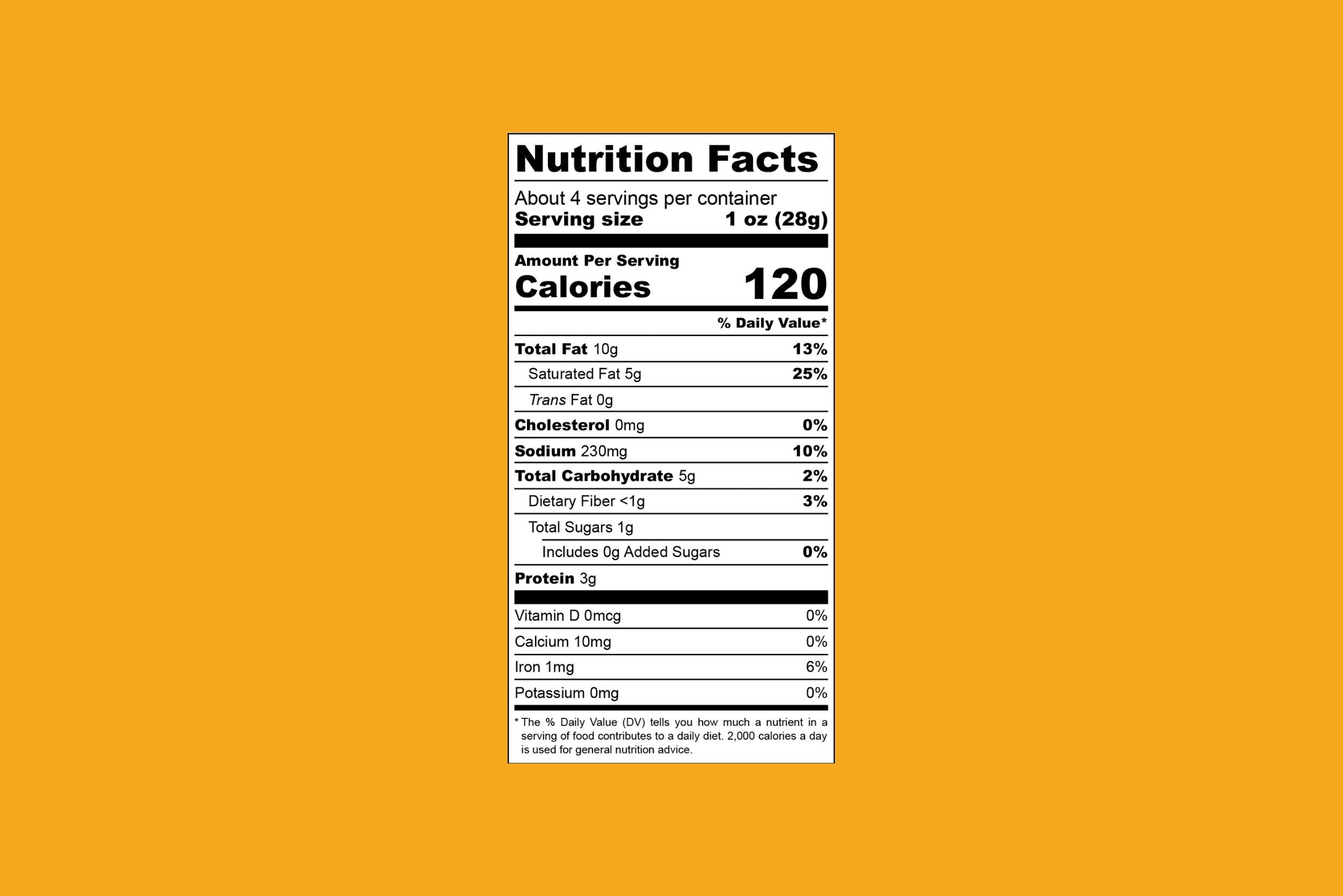 Fromage végétalien Sharp Cheddar Cashew Nutrition Facts Orange Background