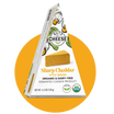 Nuts For Cheese™ Emballage de fromage cheddar fort fermenté biologique et sans produits laitiers sur un fond circulaire jaune.